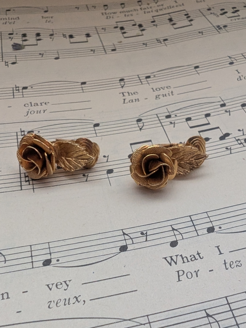 Gold Rose and Leaf Stud Earrings for Women